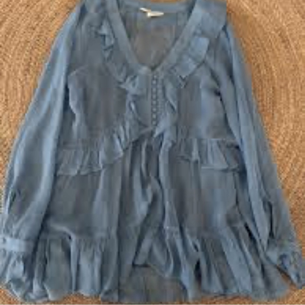 Long sleeve, flowy blouse, 100% silk sheer SZ XL robins egg blue